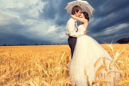 Beautiful bride and groom in wheat field with blue sky in the background. Wedding photographyの写真素材