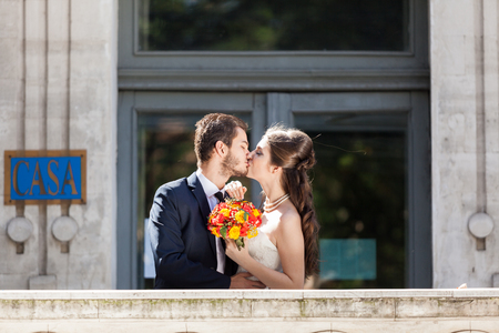 Bride and groom in wedding photo. Just married coupleの写真素材