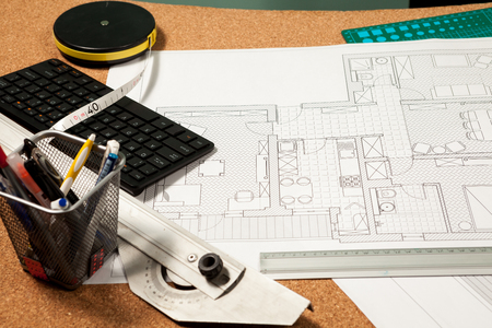 Blueprints on an architect table. Construction and architecture. Project and design