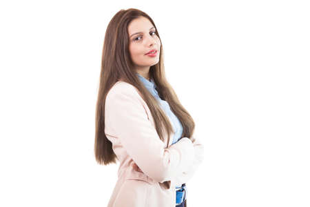 Businesswoman in the studio isolated over white backgroundの写真素材