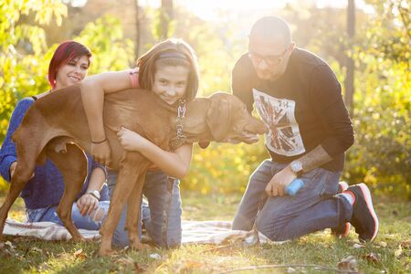 Mother, father, daughter and their dog in the park playingの写真素材