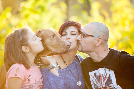Beautiful family on the grass in park playing with their dog. Animal loversの写真素材