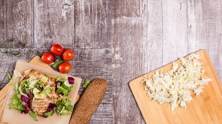 Healthy lunch from chicken breast, bread and tomatoes. Healthy lifestyleの写真素材