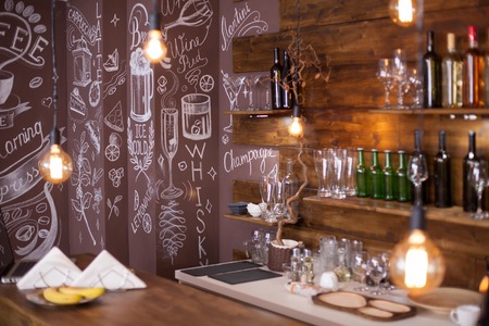 Artistic design of a vintage coffee shop. Wooden counter bar. Hand drawing.の写真素材
