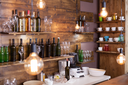 Close up design of a vintage coffee shop design. Wine bottles.の写真素材