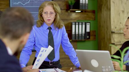 Female executive in the meeting room talking with her team. Charts on tv screen. Team in conference...