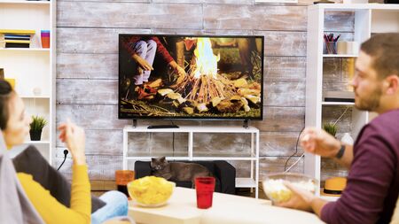 Rear view of young couple relaxing on chair watching tv while eating chips and popcorn. Cat in front of tv.の写真素材