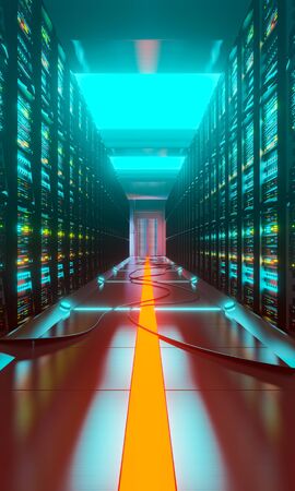 Data center with server racks in a corridor room. 3D render of digital data and cloud technologyの写真素材