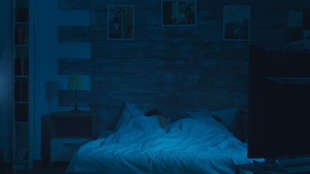 Beautiful young couple under the sheets turning the lights off before going to sleep. Moon light in the room.の写真素材