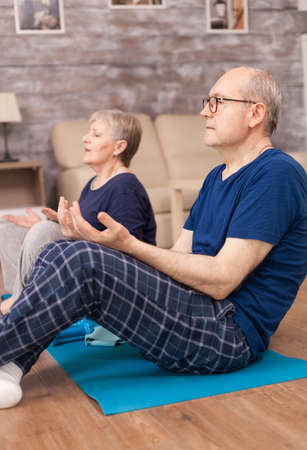 Pensioner learning yoga technique in their apartment. Old person healthy lifestyle exercise at home,...