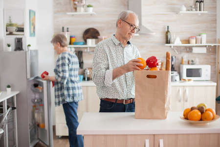 Senior couple arriving from supermarket with grocery bag and unpacking in kitchen. Elderly retired persons enjoying life, spending time helping each otherの写真素材