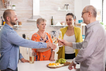Family clinking wine glasses in kitchen during lunch. Celebrating toasting together happy extended...