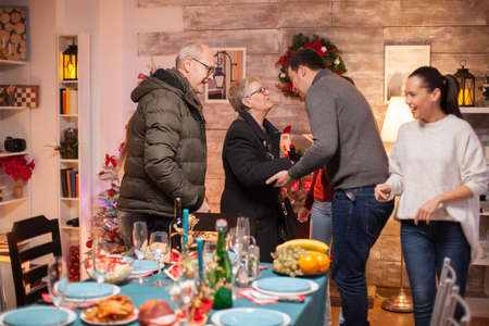 Cheerful young man greeting his mother for christmas family dinner.