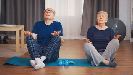 Senior couple doing breathing exercise on yoga mat in living room. Old person healthy lifestyle exercise at home, workout and training, sport activity at homeの写真素材