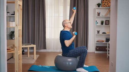Senior man with vitality exercising using dumbbells in living room. Old person pensioner healthy...