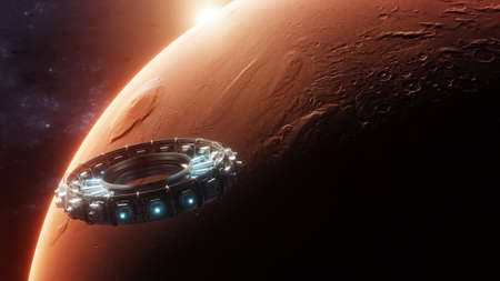 Exploring Mars with spaceships among the stars using international scientific research center. Orbiting shuttle in the univers and atmosphere.の写真素材