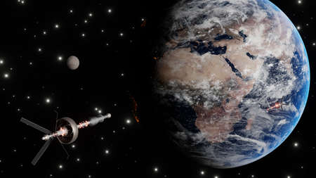 Satellite scaning and monitoring the earth. The spacecraft is orbiting the earth. Floating spaceship...