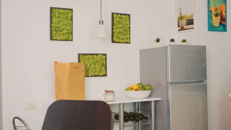 Bowl with freshs fruits in empty kitchen. Modern dining room with coffee machine in cozy interior with technology and furniture, decoration and architercture, comfortable roomの写真素材