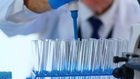 Close up of chemist filling test tube with liquid using pipette in equipped laboratory. Scientist analysing various bacteria, tissue and blood samples, pharmaceutical research for antibioticsの写真素材