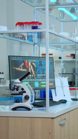 Empty laboratory modernly equipped with nobody in it, prepared for pharmaceutical innovation using high tech and microbiology tools for scientific research. Vaccine development against covid19 virus.の写真素材