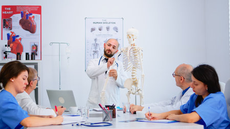 Medical doctor man pointing on cervical spine of human skeleton anatomical model, explaining to coworkers medical procedures in hospital meeting room. Physicians discussing about symptoms of diseaseの写真素材