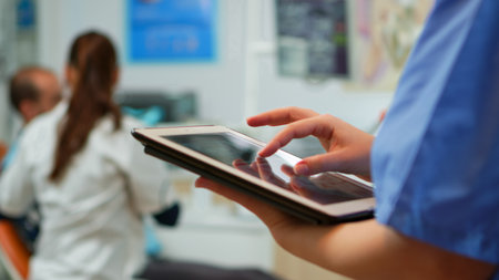 Close up of nurse holding and typing on tablet standing in stomatologic clinic, while doctor is working with patient in background. Using monitor with chroma key izolated pc key mockup pc displayの写真素材