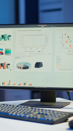 Financial company with nobody in it, place of work startup, workplace indoors concept. Interior of empty start up business office with modern design during night with graphics running on the desktop.の写真素材