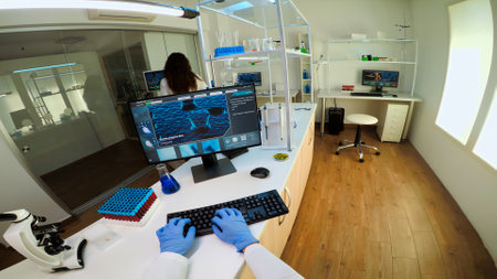 POV of team working to develop a new vaccine in modern equipped laboratory, man typing at computer. Group of biochemistry scientists examining virus evolution using high tech for researching treatmentの写真素材