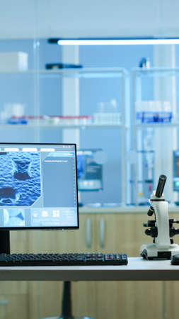 Chemist laboratory with nobody in it modernly equipped prepared for pharmaceutical innovation using...