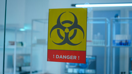 Empty laboratory danger area with nobody in it, prepared for pharmaceutical innovation using high tech and microbiology tools for scientific research. Vaccine development against virus.の写真素材