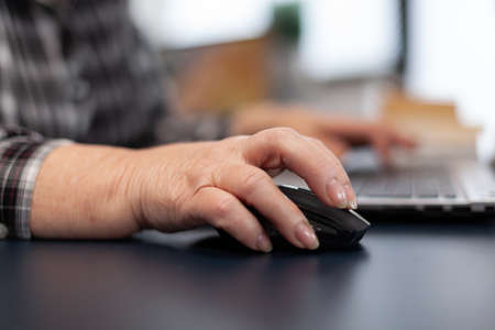 Close up of old entrepreneur lady using mouse in home office. Elderly woman in home living room...