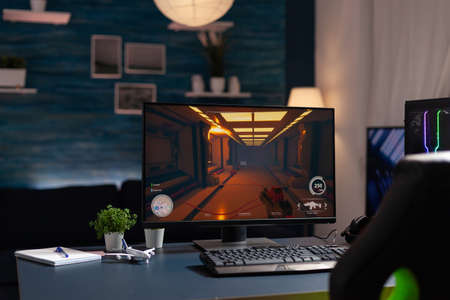 Empty room with powerful computer for online competition and streaming chair, home studio is equipped with professional gaming equipmentの写真素材