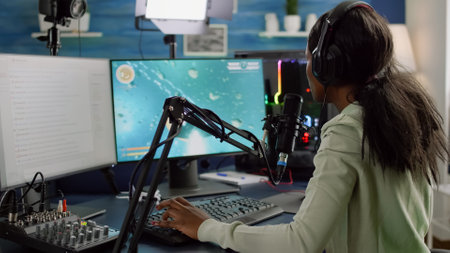 Nevous black streamer losing videogame, game over for african woman cyber playing online space...