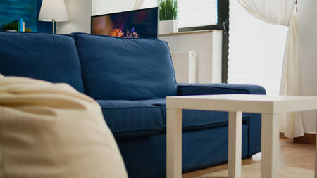 Empty modern living room with no people having wallcomfortable couch, elegant style with work place...
