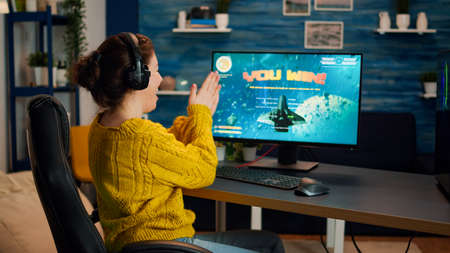 Esport of pro gamer playing video game with new graphics winning championship, stylish design cyber...