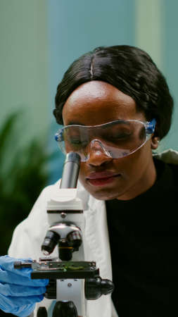 Portrait of scientist taking leaf sample with micropipette putting on slide under microscope for...