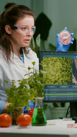 Two scientists talking about vegan meat sample typing biotechnology expertise on computer. Medical team researching vegetareian food modified genetically working in chemistry laboratoryの写真素材