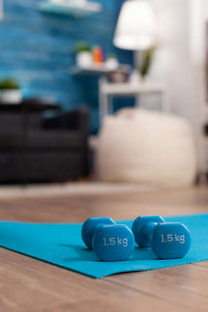 Aerobic empty living room with nobody in it having fitness dumbbells standing on yoga mat waiting for sportperson working at wellness workout doing physical exercises. Close-up of sports equipmentの写真素材