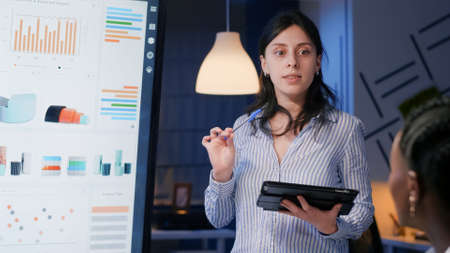 Executive manager woman brainstorming management solution showing company strategy on presentation...