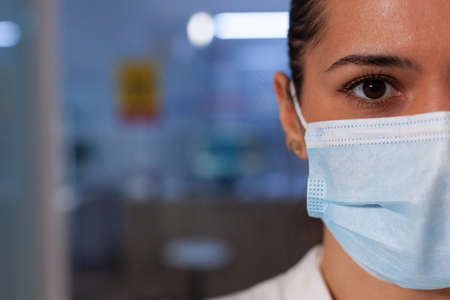 Close up of professional woman working in test laboratory for scientific experiment analysis....