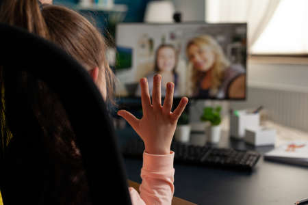 Schoolchild greeting remote friends discussing school leeson at studying literature during online videocall meeting conference sitting at desk in living room. Teleconference call on computer screenの写真素材