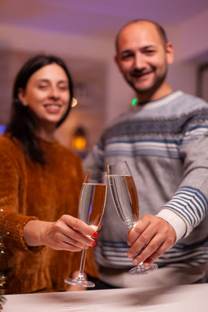 Joyful couple clinking glass of wine celebrating christmas traditional holiday in xmas decorated kitchen. Romantic happy family spending christmastime together enjoying winter seasonの写真素材