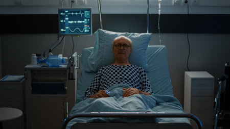 Patient with disease laying in hospital ward bed at clinic with modern medical technology. Sick old man with oximeter and nasal oxygen tube expecting treatment to cure health problemsの写真素材