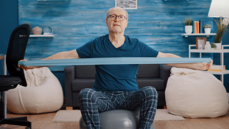 Pensioner on toning ball training with resistance band for fitness activity. Portrait of elder man using elastic belt ot pull and strech, doing physical exercise and looking at camera.の写真素材
