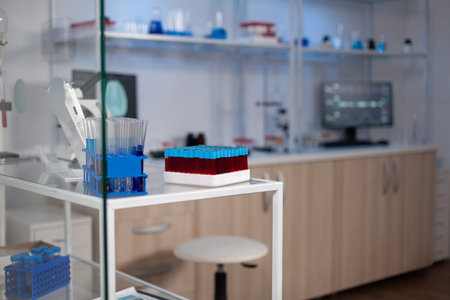 Empty medical neurological laboratory with nobody in it with professional modern equipment ready for neuroscience experiment. Lab with brain research on monitor. Medicine industry with high techの写真素材