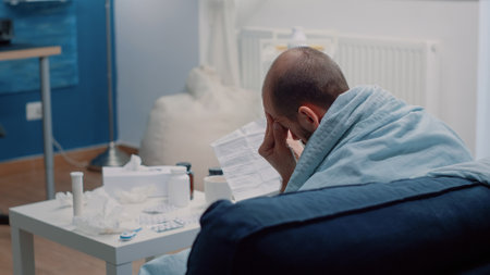 Sick patient reading leaflet information of medication to cure healthcare problems. Man with disease...