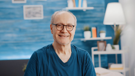 Handheld shot of happy pensioner preparing to exercise and do physical activity. Portrait of senior...