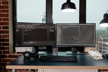 Empty office with nobody in it containing multiple displays showing system programming language....