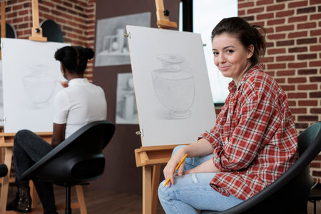 Portrait of woman student working at illustration masterpiece drawing vase model on painting canvad...
