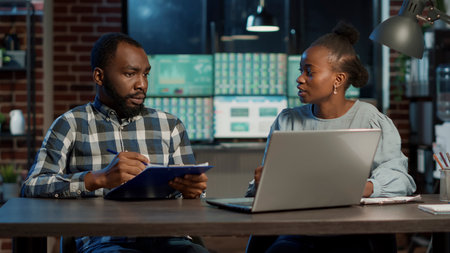 Man and woman doing teamwork to develop new trade sales with capital profit and hedge fund exchange....